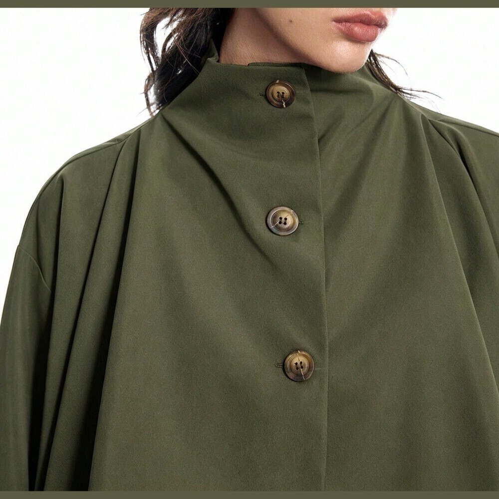 Olive Green Draped Waterfall Cape-Effect Collar Oversized Trench Jacket - Picture 8 of 8